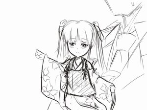 Rating: Safe Score: 0 Tags: 1girl blush eyebrows_visible_through_hair floral_print image japanese_clothes kimono long_hair looking_at_viewer monochrome obi sash shinku sketch smile solo twintails User: admin