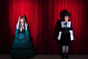 Rating: Safe Score: 0 Tags: 2girls blue_dress brown_hair curtains dress gloves hat multiple_cosplay multiple_girls short_hair souseiseki standing tagme twins User: admin