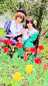 Rating: Safe Score: 0 Tags: 2girls blonde_hair brown_hair closed_eyes dress flower hat long_hair multiple_cosplay multiple_girls short_hair smile tagme User: admin