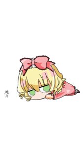 Rating: Safe Score: 0 Tags: 1girl blonde_hair bow chibi dress green_eyes hair_bow hina_ichigo hinaichigo image lying on_stomach pink_bow short_hair solo white_background User: admin