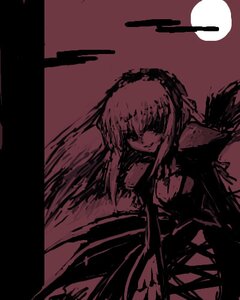 Rating: Safe Score: 0 Tags: 1girl dress full_moon image long_hair long_sleeves looking_at_viewer monochrome moon shaded_face smile solo suigintou wings User: admin