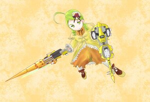 Rating: Safe Score: 0 Tags: 1girl ahoge flower full_body green_eyes green_hair hair_ornament image kanaria solo weapon yellow_background User: admin