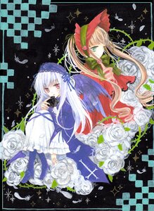 Rating: Safe Score: 0 Tags: 2girls argyle_background blonde_hair bonnet butterfly checkered checkered_background checkered_floor dress feathers flower green_eyes hairband image long_hair multiple_girls pair red_eyes rose shinku silver_hair suigintou thorns white_flower white_hair white_rose wings User: admin