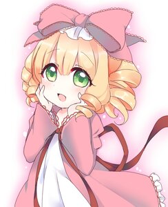 Rating: Safe Score: 0 Tags: 1girl blonde_hair blush bow dress drill_hair eyebrows_visible_through_hair frills green_eyes hair_bow hands_on_own_face hina_ichigo hinaichigo image long_sleeves looking_at_viewer open_mouth pink_bow smile solo striped wide_sleeves User: admin