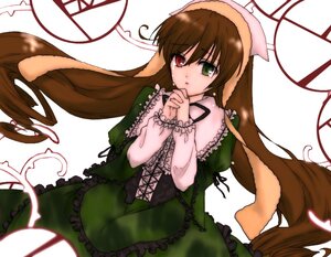 Rating: Safe Score: 0 Tags: 1girl brown_hair dress frills green_dress green_eyes hat head_scarf heterochromia image interlocked_fingers long_hair long_sleeves looking_at_viewer red_eyes simple_background solo suiseiseki very_long_hair white_background User: admin