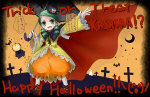 Rating: Safe Score: 0 Tags: 1girl auto_tagged bat crescent_moon cross green_eyes green_hair halloween hat image jack-o'-lantern kanaria long_sleeves moon pumpkin solo User: admin