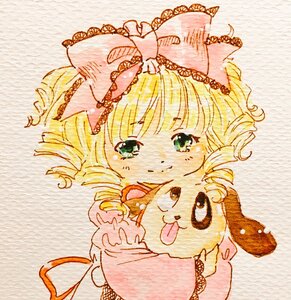 Rating: Safe Score: 0 Tags: 1girl animal blonde_hair blush bow drill_hair green_eyes hina_ichigo hinaichigo image pink_bow short_hair smile solo traditional_media User: admin