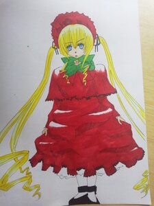 Rating: Safe Score: 0 Tags: 1girl auto_tagged blonde_hair blue_eyes bonnet bow bowtie capelet dress full_body green_bow green_neckwear image long_hair long_sleeves looking_at_viewer marker_(medium) photo red_dress shinku shoes solo standing traditional_media twintails very_long_hair User: admin