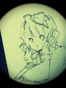Rating: Safe Score: 0 Tags: 1girl :< bow green_theme hair_bow hinaichigo image looking_at_viewer monochrome photo solo traditional_media User: admin