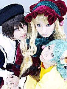 Rating: Safe Score: 0 Tags: 3girls 91076 blonde_hair blue_eyes hat heterochromia lips long_hair looking_at_viewer multiple_cosplay multiple_girls red_eyes rose smile tagme User: admin