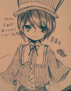 Rating: Safe Score: 0 Tags: 1girl capelet closed_mouth eyebrows_visible_through_hair hat image long_sleeves looking_at_viewer monochrome photo short_hair smile solo souseiseki traditional_media upper_body User: admin