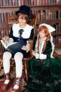 Rating: Safe Score: 0 Tags: 2girls book bookshelf brown_hair closed_eyes dress hat instrument library long_hair multiple_cosplay multiple_girls pantyhose sisters sitting tagme white_legwear User: admin
