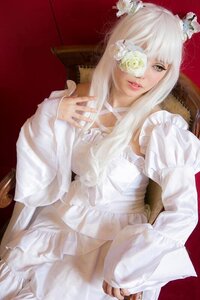 Rating: Safe Score: 0 Tags: 1girl bandages bangs dress eyepatch flower hair_flower hair_ornament kirakishou lips long_hair red_background rose sitting solo white_dress white_flower white_hair white_rose User: admin