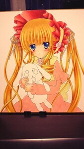 Rating: Safe Score: 0 Tags: 1girl blonde_hair blue_eyes blush bonnet dress flower image long_hair long_sleeves looking_at_viewer marker_(medium) shinku solo stuffed_animal traditional_media twintails very_long_hair User: admin