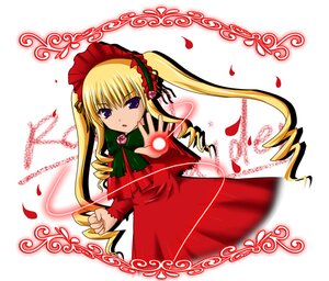 Rating: Safe Score: 0 Tags: 1girl :o blonde_hair bonnet bow dress drill_hair green_neckwear image long_hair long_sleeves looking_at_viewer open_mouth petals red_dress rose_petals shinku solo twin_drills twintails white_background User: admin