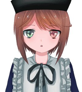 Rating: Safe Score: 0 Tags: 1girl :o apron bangs black_headwear black_ribbon blush brown_hair eyebrows_visible_through_hair frills hat image looking_at_viewer ribbon short_hair simple_background solo souseiseki striped swept_bangs upper_body white_background User: admin