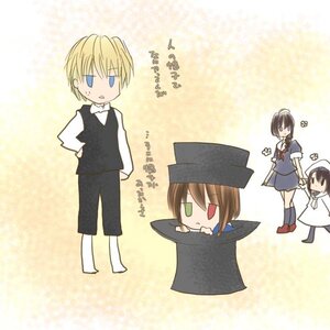 Rating: Safe Score: 0 Tags: 1boy 1girl 2girls blonde_hair blue_eyes brown_hair chibi dress hat heterochromia image long_sleeves multiple_girls pants rib3bcm serafuku short_hair solo souseiseki standing sweatdrop User: admin
