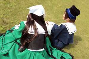 Rating: Safe Score: 0 Tags: 2girls blue_headwear brown_hair grass hat long_hair long_sleeves multiple_cosplay multiple_girls sailor_collar school_uniform skirt suiseiseki tagme User: admin