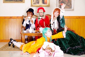 Rating: Safe Score: 0 Tags: 4girls aqua_hair blue_hair brown_hair closed_eyes dress flower hat long_hair multiple_cosplay multiple_girls smile tagme User: admin