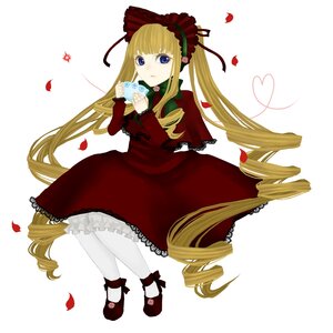Rating: Safe Score: 0 Tags: 1girl blonde_hair blue_eyes bonnet bow cup dress drill_hair flower image long_hair long_sleeves pantyhose petals rose rose_petals shinku shoes solo striped twin_drills twintails very_long_hair white_legwear User: admin