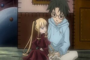 Rating: Safe Score: 0 Tags: 1boy 1girl black_hair blonde_hair glasses hair_ribbon hood hoodie image long_hair long_sleeves red_dress ribbon shinku sitting solo twintails User: admin