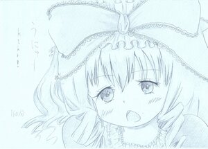 Rating: Safe Score: 0 Tags: 1girl 86800 blue_theme blush bow drill_hair eyebrows_visible_through_hair hinaichigo image monochrome open_mouth solo traditional_media User: admin