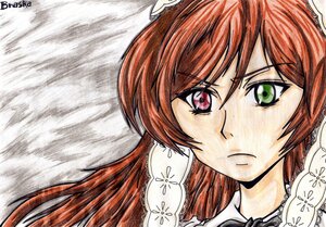 Rating: Safe Score: 0 Tags: 1girl face frown green_eyes heterochromia image long_hair looking_at_viewer portrait red_eyes solo suiseiseki User: admin