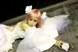 Rating: Safe Score: 0 Tags: 1girl bare_shoulders bride dress flower gloves hair_flower hair_ornament kirakishou lips lying pink_hair realistic solo white_dress white_flower white_rose wings User: admin