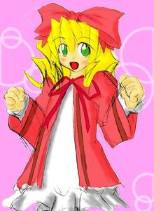 Rating: Safe Score: 0 Tags: 1girl :d bag blonde_hair bow cowboy_shot dress green_eyes hina_ichigo hinaichigo image long_hair long_sleeves looking_at_viewer open_mouth pink_background pink_bow purple_background simple_background smile solo User: admin