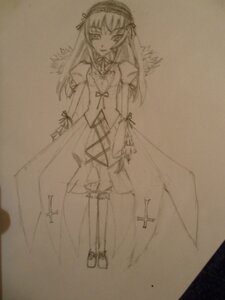 Rating: Safe Score: 0 Tags: 1girl akemi_homura bow_(weapon) dress frills full_body gloves hairband image long_hair looking_at_viewer monochrome photo ribbon simple_background solo standing suigintou traditional_media weapon User: admin
