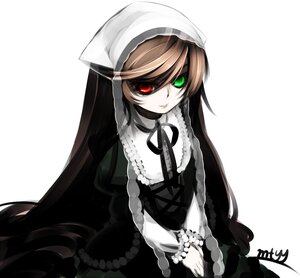 Rating: Safe Score: 0 Tags: 1girl black_ribbon brown_hair dress frills green_eyes heterochromia image long_hair long_sleeves looking_at_viewer red_eyes simple_background solo suiseiseki v_arms very_long_hair white_background User: admin