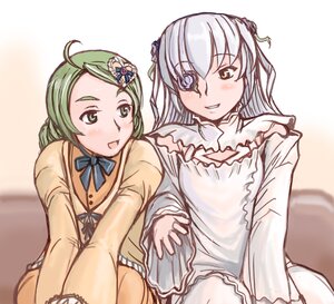 Rating: Safe Score: 0 Tags: 2girls ahoge blush bow dress frills green_eyes green_hair hair_ornament image kanaria kirakishou long_hair long_sleeves multiple_girls pair silver_hair smile suigintou User: admin