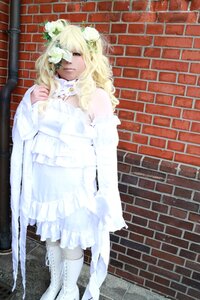 Rating: Safe Score: 0 Tags: 1girl blonde_hair boots brick_wall closed_eyes dress flower kirakishou knee_boots long_hair solo standing white_dress white_footwear User: admin