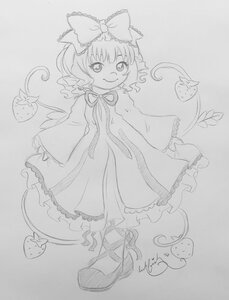 Rating: Safe Score: 0 Tags: 1girl bow cat dress full_body hair_bow hinaichigo image long_sleeves looking_at_viewer monochrome shoes short_hair signature sketch smile solo traditional_media wings User: admin