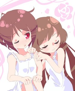 Rating: Safe Score: 0 Tags: 2girls blush brown_hair closed_eyes dress heart image long_hair multiple_girls one_eye_closed pair short_hair sleeveless smile souseiseki striped suiseiseki vertical_stripes yuri User: admin