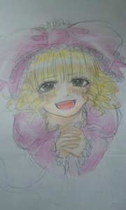Rating: Safe Score: 0 Tags: 1girl :d bangs blonde_hair blush dress eyebrows_visible_through_hair frills hands_clasped hands_together hat hinaichigo image interlocked_fingers long_sleeves looking_at_viewer open_mouth own_hands_together short_hair simple_background smile solo traditional_media upper_body User: admin