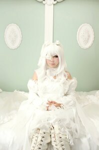 Rating: Safe Score: 0 Tags: 1girl animal_ears bare_shoulders blurry dress green_eyes hair_over_one_eye kirakishou lips long_hair sitting solo wedding_dress white_dress white_flower white_hair User: admin