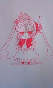 Rating: Safe Score: 0 Tags: 1girl :< dress frills full_body image long_hair photo pout red_eyes shinku simple_background solo standing traditional_media twintails User: admin