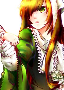 Rating: Safe Score: 0 Tags: 1girl dress gloves green_dress green_eyes hair_over_one_eye head_scarf image long_hair long_sleeves looking_at_viewer open_mouth smile solo suiseiseki upper_body white_background User: admin