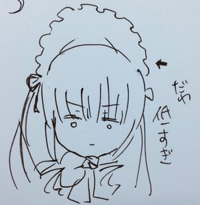 Rating: Safe Score: 0 Tags: 1girl bangs blue_theme closed_mouth dress eyebrows_visible_through_hair hair_between_eyes hair_ribbon image long_hair monochrome shinku solo traditional_media upper_body User: admin