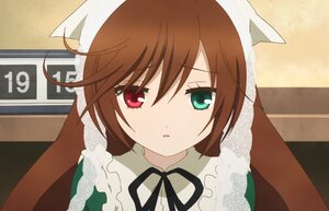 Rating: Safe Score: 0 Tags: 1girl black_ribbon brown_hair dress green_eyes heterochromia image long_sleeves looking_at_viewer neck_ribbon red_eyes ribbon solo suiseiseki User: admin