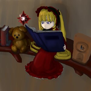 Rating: Safe Score: 0 Tags: 1girl blonde_hair blue_eyes book dress frills image long_hair open_book reading shinku sitting solo stuffed_animal teddy_bear User: admin