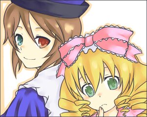 Rating: Safe Score: 0 Tags: 2girls blonde_hair blush bow brown_hair drill_hair frills green_eyes hat heterochromia hina_ichigo hinaichigo image looking_at_viewer multiple_girls pair pink_bow red_eyes short_hair siblings sisters souseiseki suiseiseki twin_drills twins User: admin