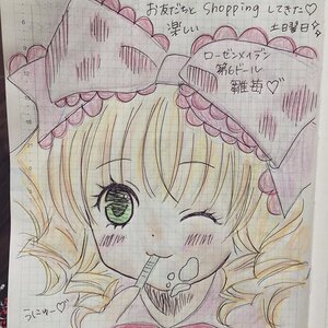 Rating: Safe Score: 0 Tags: 1girl bangs blonde_hair blush colored_pencil_(medium) dated eating eyebrows_visible_through_hair food green_eyes hinaichigo image one_eye_closed photo shikishi smile solo traditional_media User: admin