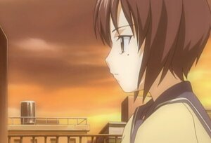 Rating: Safe Score: 0 Tags: 1girl bangs brown_eyes brown_hair building closed_mouth eyebrows_visible_through_hair from_side human image kashiwaba_tomoe outdoors profile sailor_collar school_uniform screenshot serafuku short_hair sky solo sunset upper_body User: admin