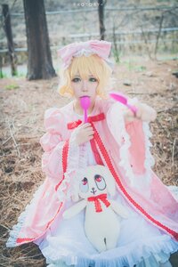 Rating: Safe Score: 0 Tags: 1girl blonde_hair blurry bow depth_of_field dress frills green_eyes hat hinaichigo long_sleeves looking_at_viewer photo solo stuffed_animal stuffed_bunny white_dress User: admin