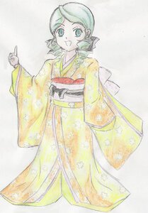 Rating: Safe Score: 0 Tags: 1girl :d aqua_eyes green_eyes green_hair image japanese_clothes kanaria kimono long_sleeves looking_at_viewer obi open_mouth sash short_hair smile solo traditional_media wide_sleeves User: admin