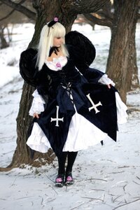 Rating: Safe Score: 0 Tags: 1girl cross dress frills gothic_lolita hairband lolita_fashion long_hair long_sleeves pantyhose photo solo standing suigintou tree User: admin
