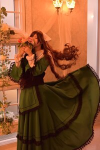 Rating: Safe Score: 0 Tags: 1girl brown_hair closed_eyes dress flower frills green_dress long_hair long_sleeves solo suiseiseki very_long_hair window User: admin