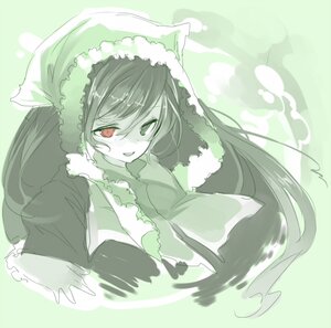 Rating: Safe Score: 0 Tags: 1girl dress frills green_background green_theme image long_hair long_sleeves looking_at_viewer monochrome open_mouth red_eyes smile solo suiseiseki upper_body User: admin